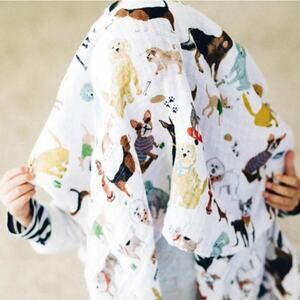 EUC Little Unicorn Puppy Dog Woof Print Baby Swaddle Wrap Blanket Muslin Cotton